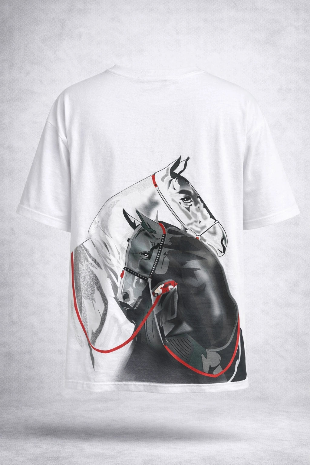 White t-shirt with a graphic of a horse wearing a bridle on a light gray background