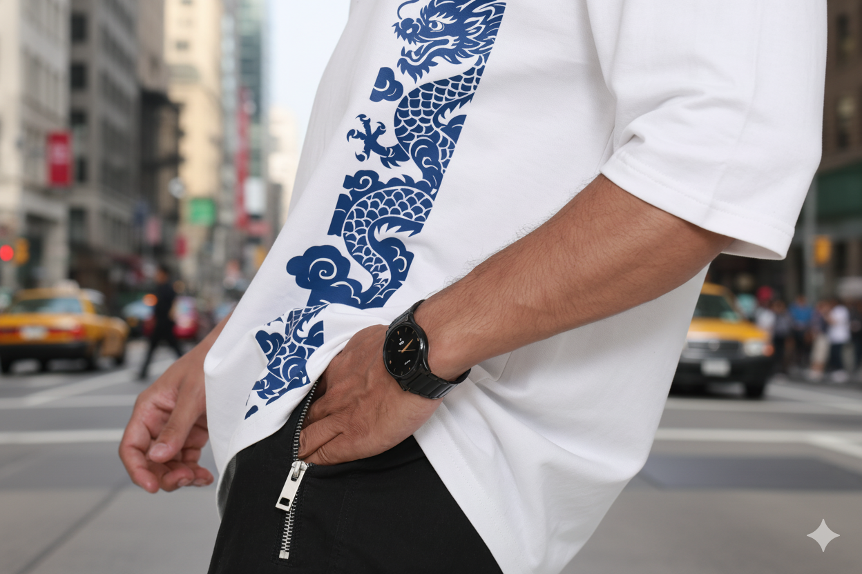 Close-up of Dragon Flow monochrome oversized t-shirt – premium cotton minimal dragon graphic