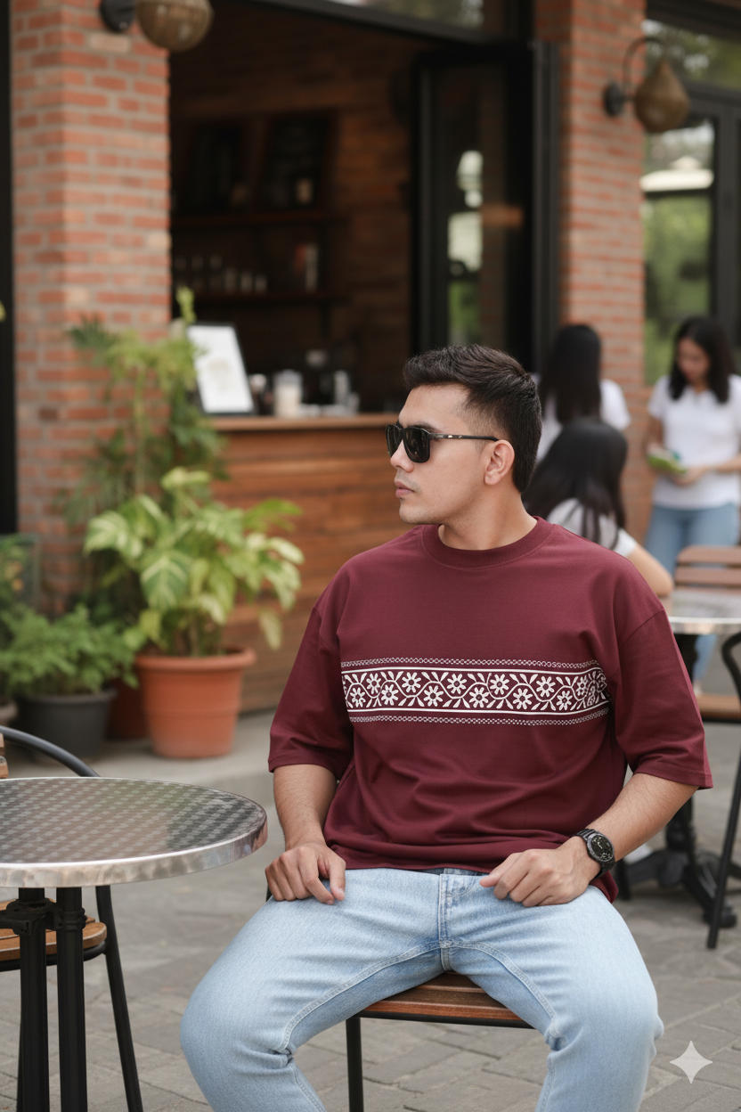 Bandhani Boulevard – Maroon Heritage Band Oversized T-shirt