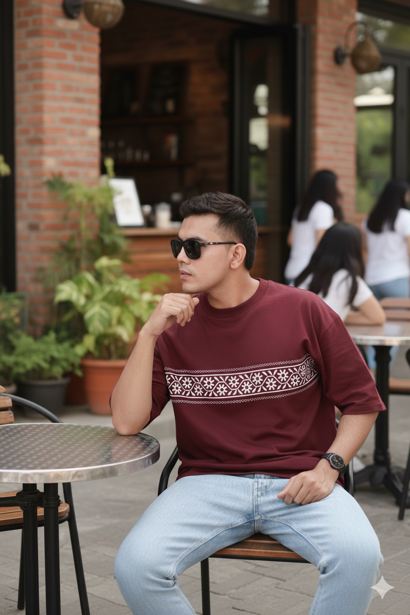 Bandhani Boulevard – Maroon Heritage Band Oversized T-shirt