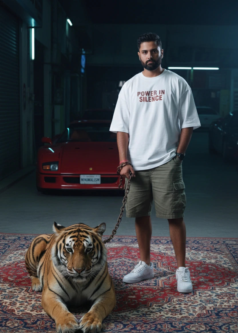 Man standing with a tiger on a rug in a dark indoor setting