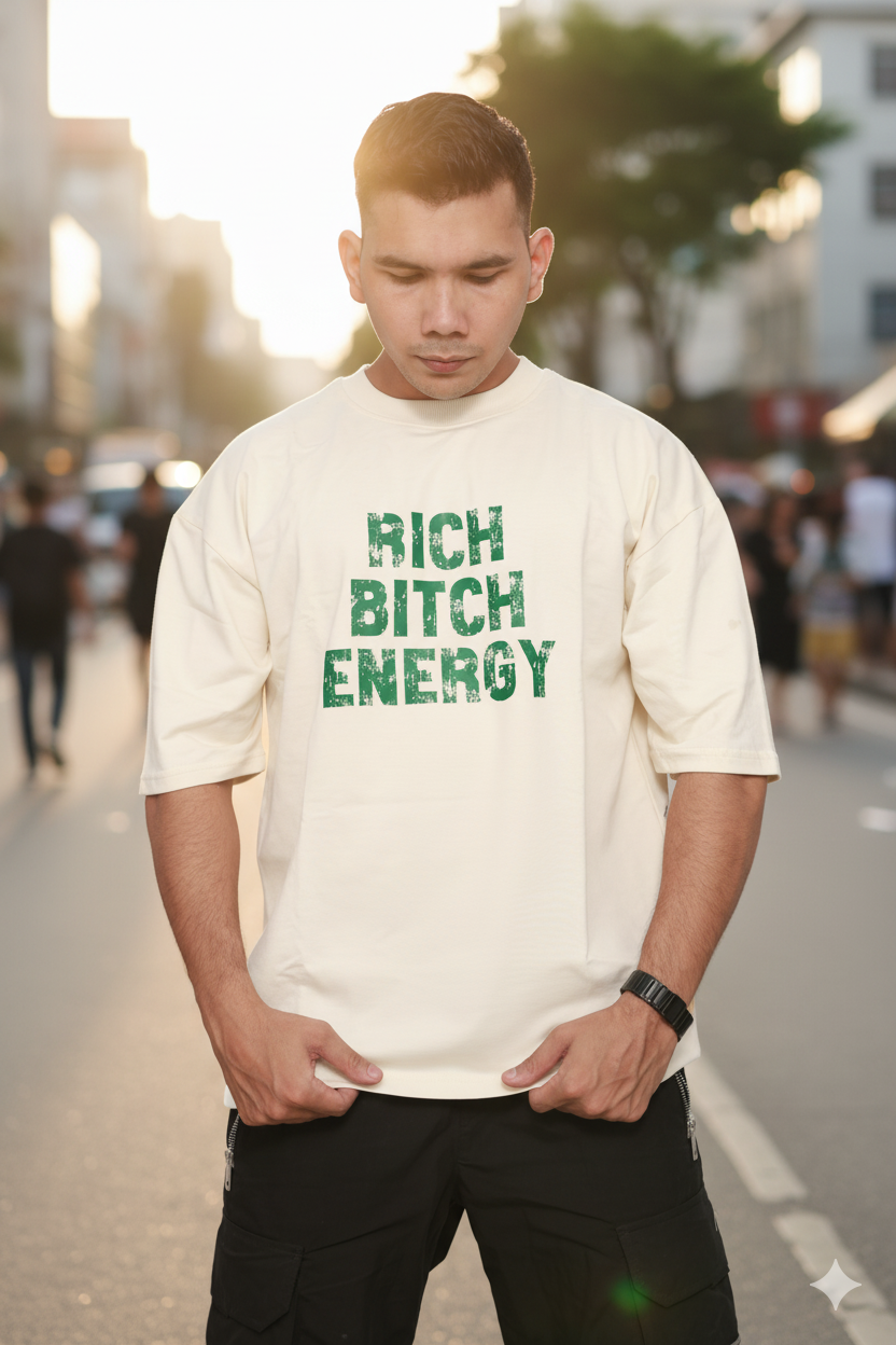 Rich Bitch Energy – Luxe Beige Power Statement - Oversized Tee