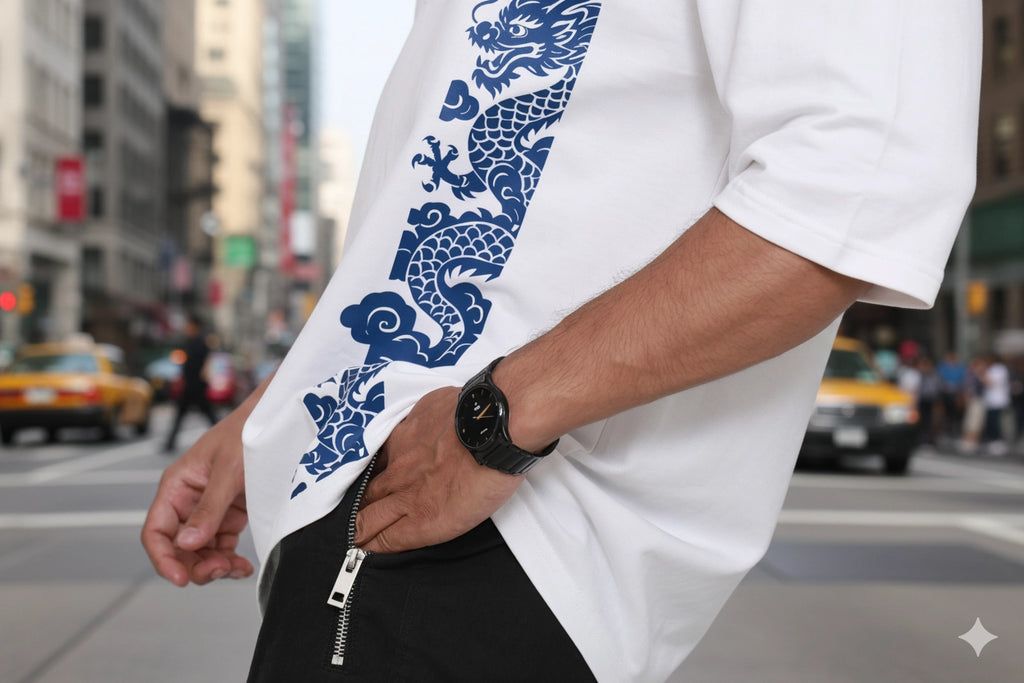 Person wearing a white shirt with blue dragon design oversized tshirt on a city street
