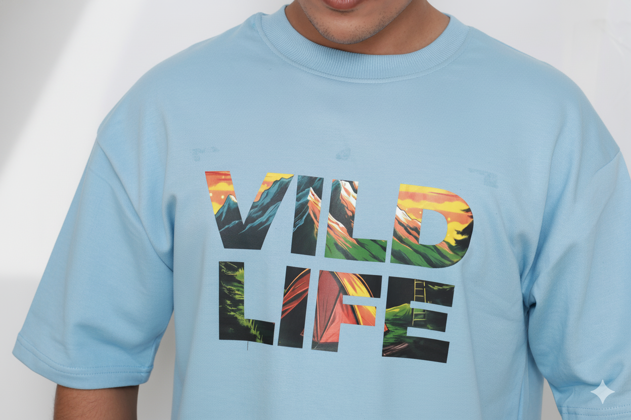 Light blue t-shirt with 'WILD LIFE' graphic design on a plain background