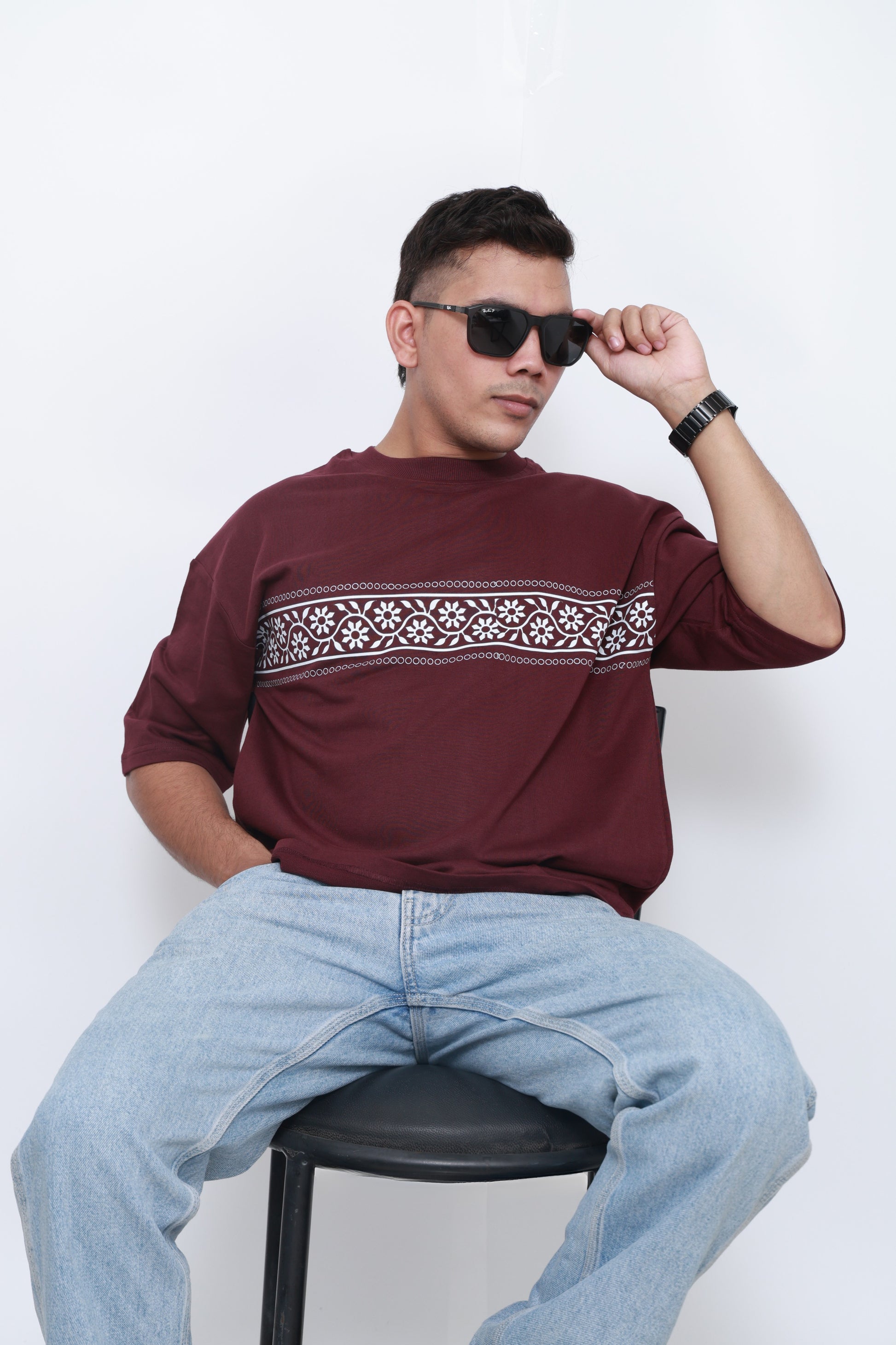 Front view of Bandhani Boulevard maroon heritage oversized t-shirt – cultural streetwear design by VildLife