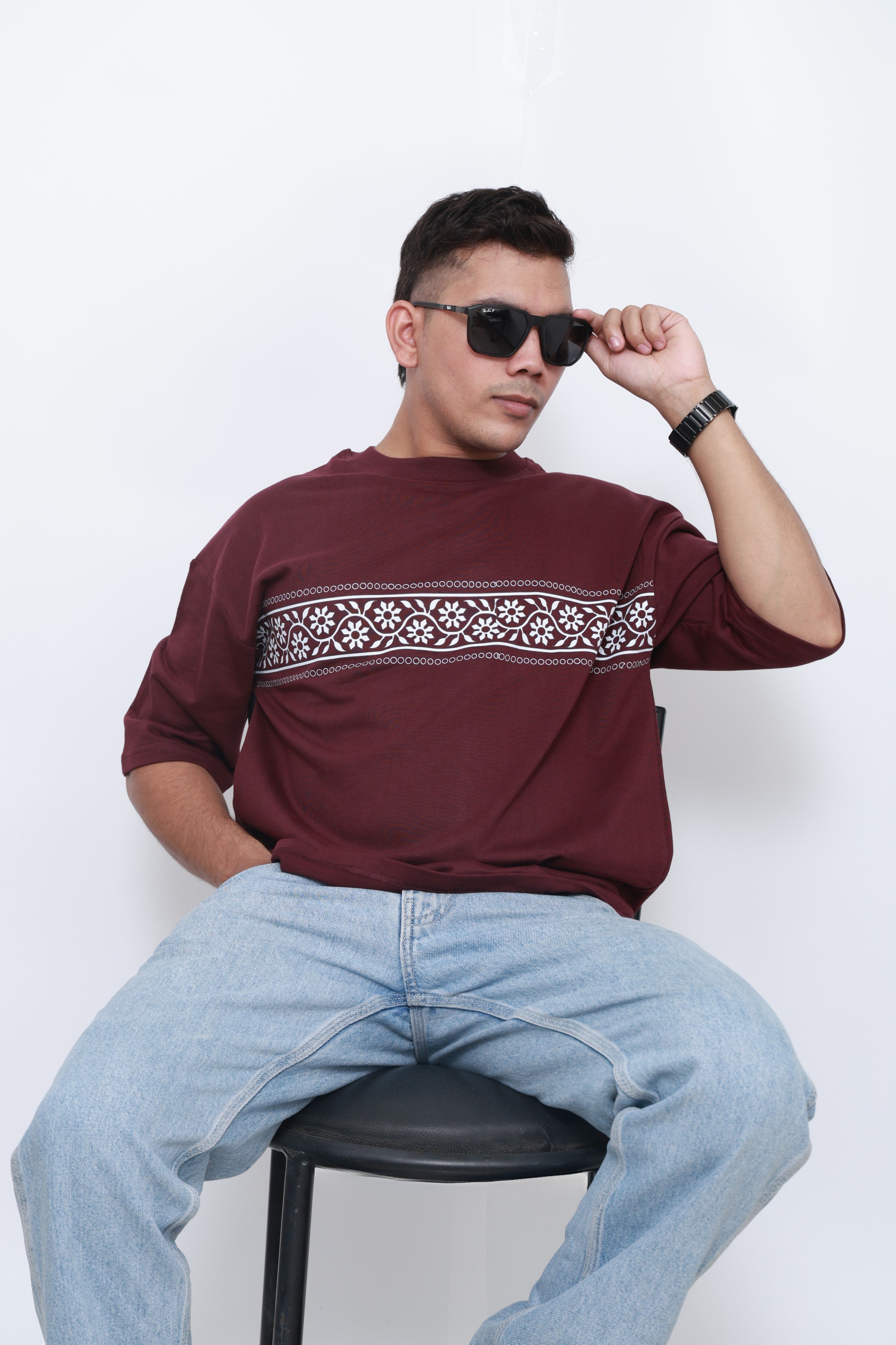Front view of Bandhani Boulevard maroon heritage oversized t-shirt – cultural streetwear design by VildLife