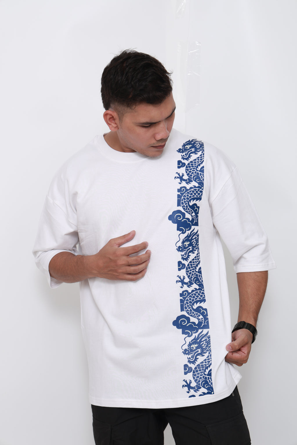 Close-up of Dragon Flow monochrome oversized t-shirt – premium cotton minimal dragon graphic