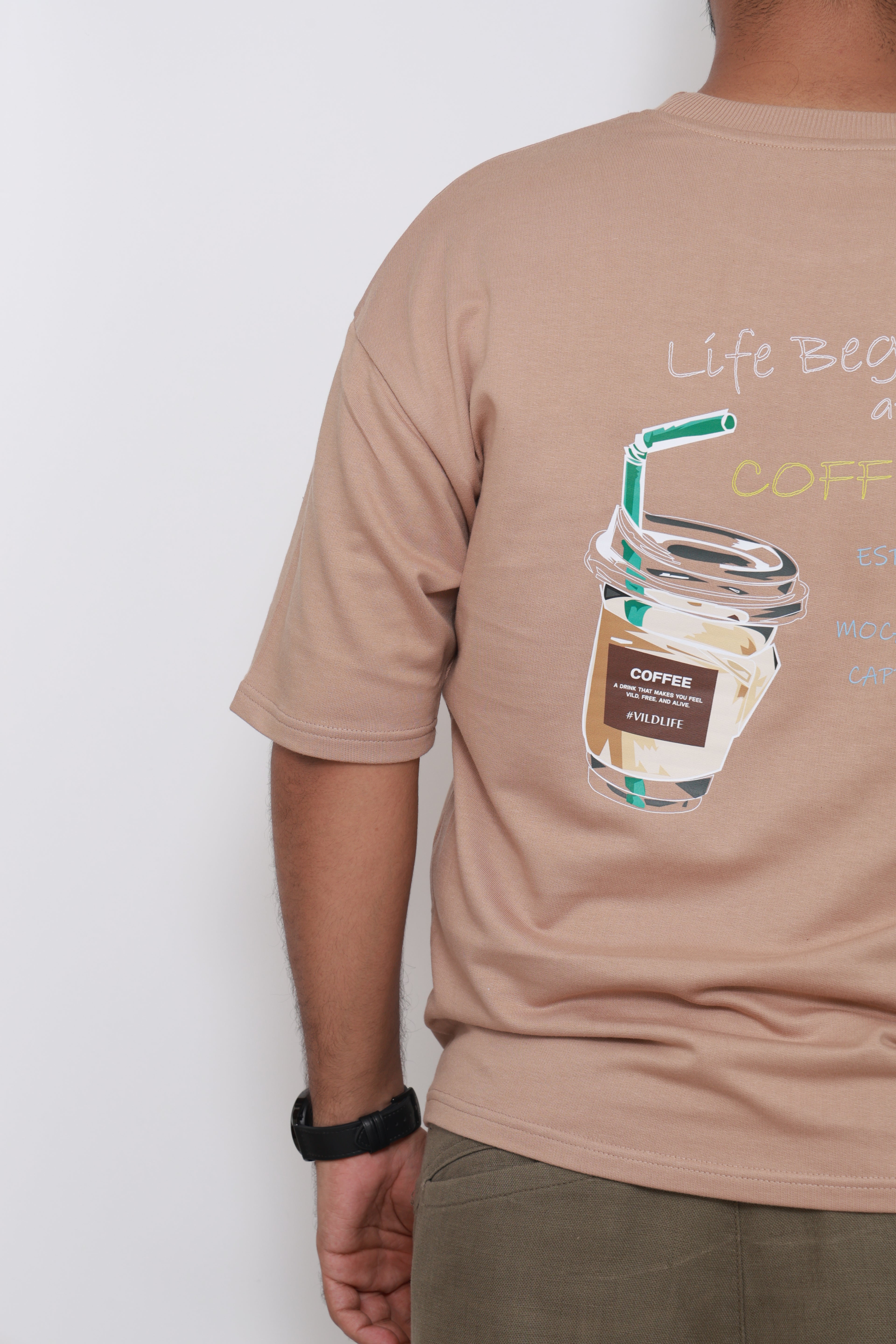 ack side of “Life Begins After Coffee” oversized graphic t-shirt – caffeine-inspired design