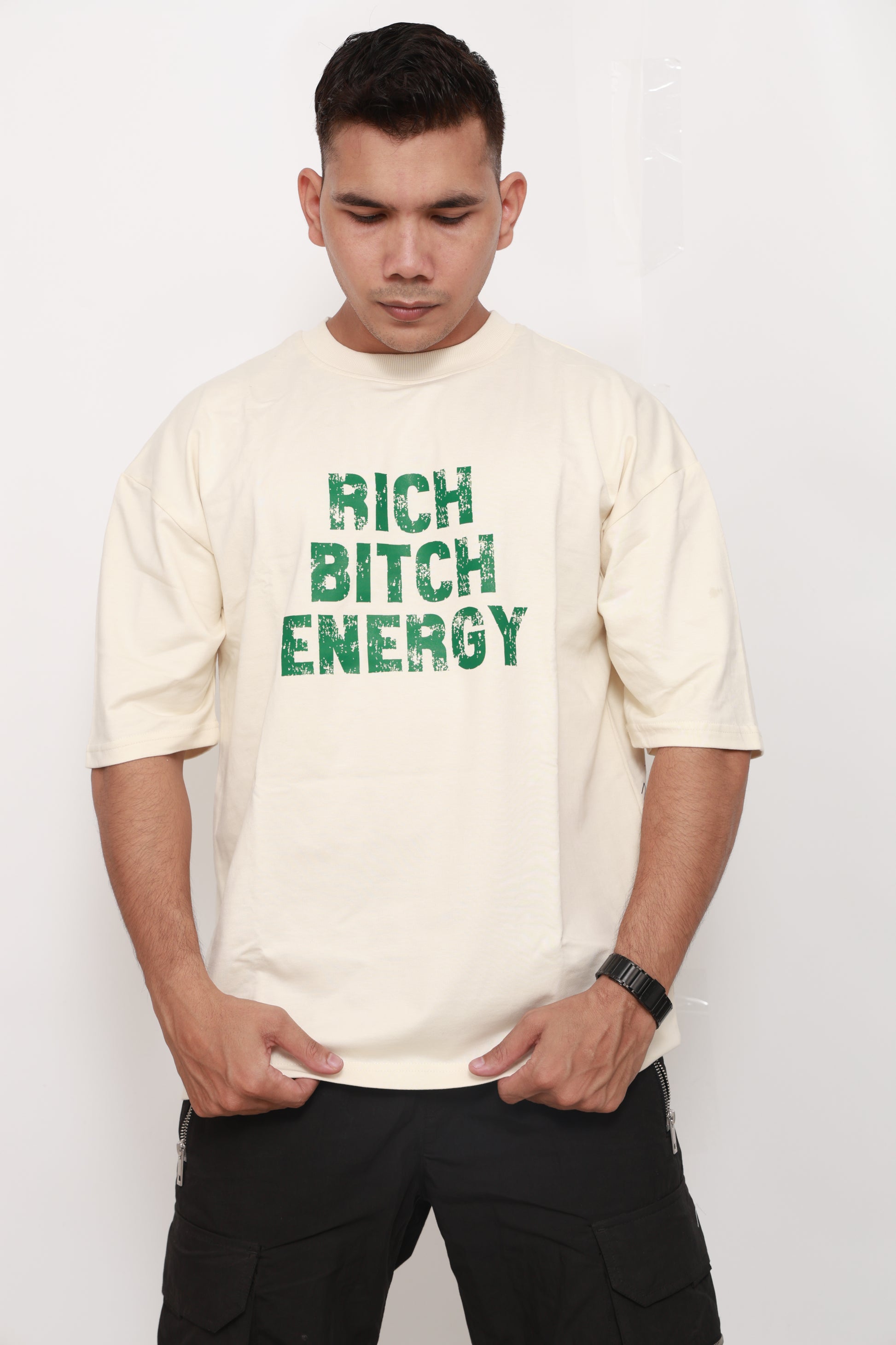 Rich Bitch Energy – Luxe Beige Power Statement - Oversized Tee