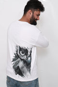 Person wearing a white oversized t-shirt with a black and white graphic design on a white background