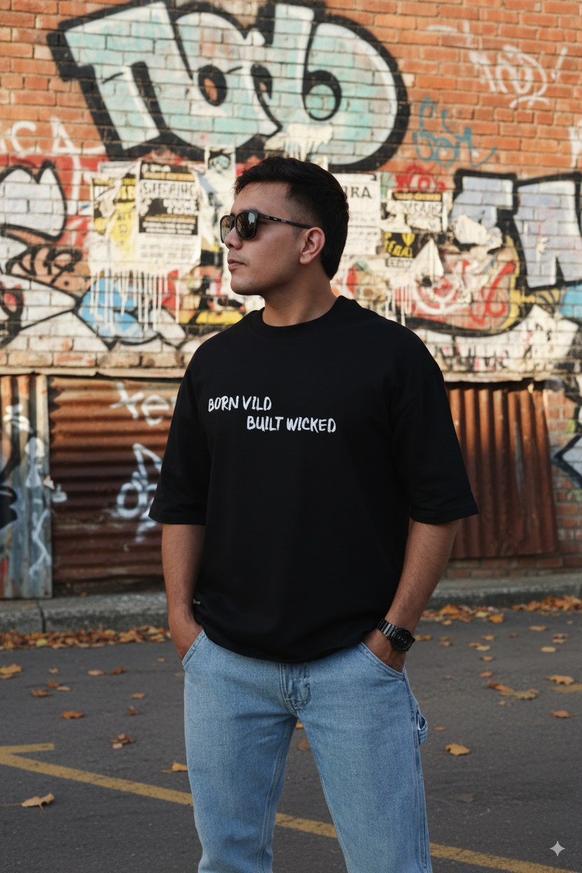 Man wearing a black t-shirt with text and light blue jeans standing in front of a graffiti-covered wall.