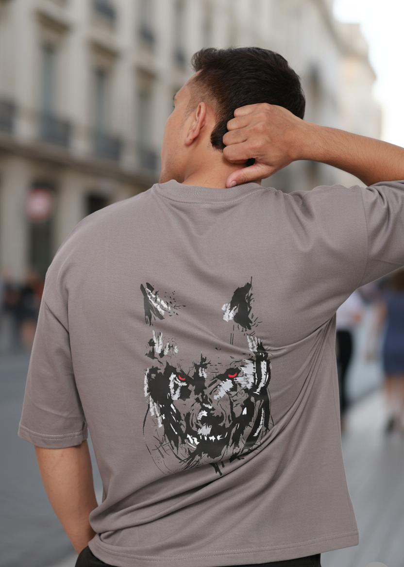 Man wearing a gray t-shirt with a graphic design on the back, standing on a city street.