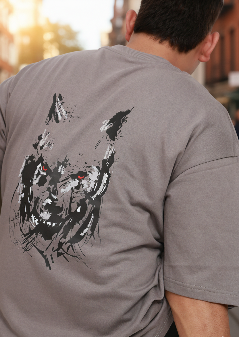 Person wearing a gray t-shirt with a black and white graphic design on the back.