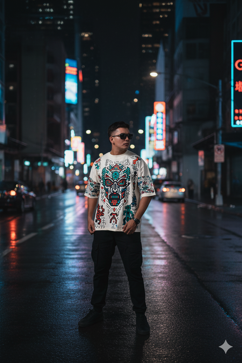 Person wearing a patterned shirt standing on a neon-lit city street at night.