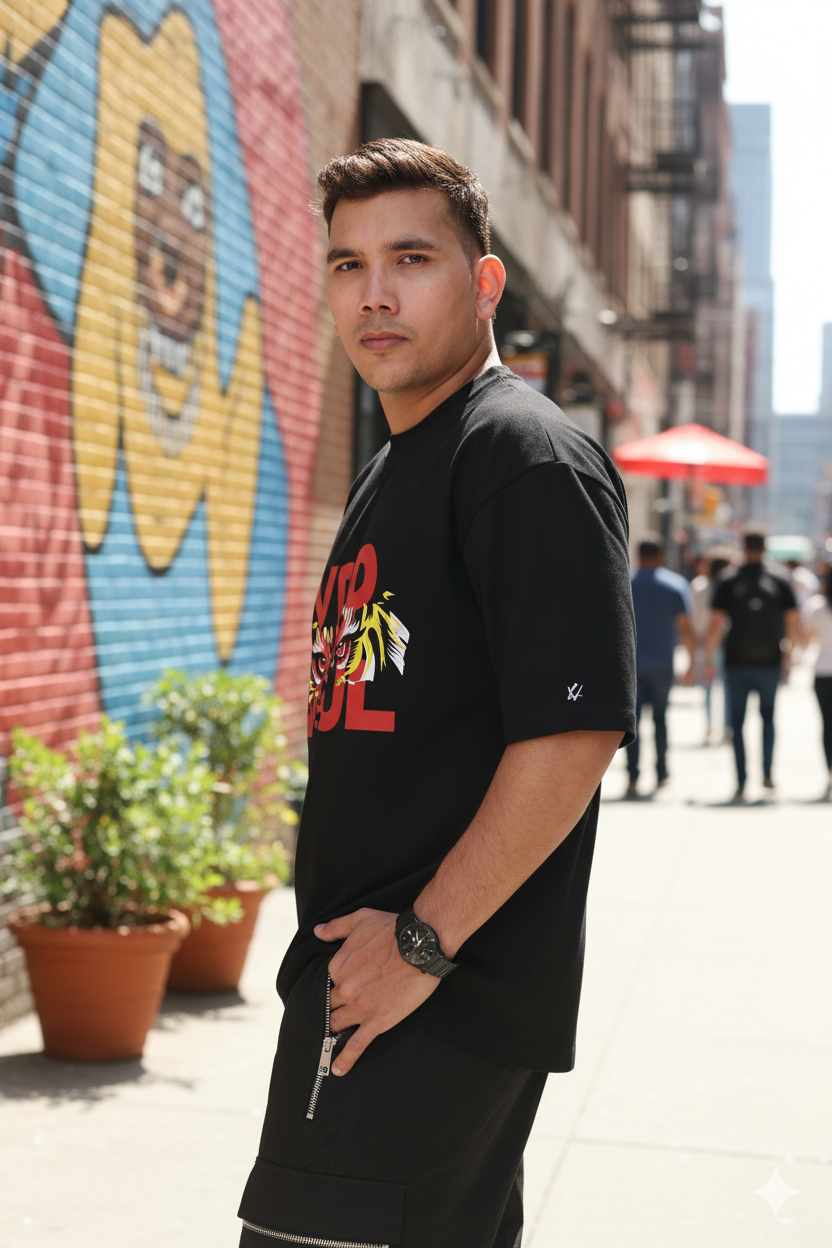 Man wearing a black t-shirt with red text standing on a street with colorful mural and people in the background
