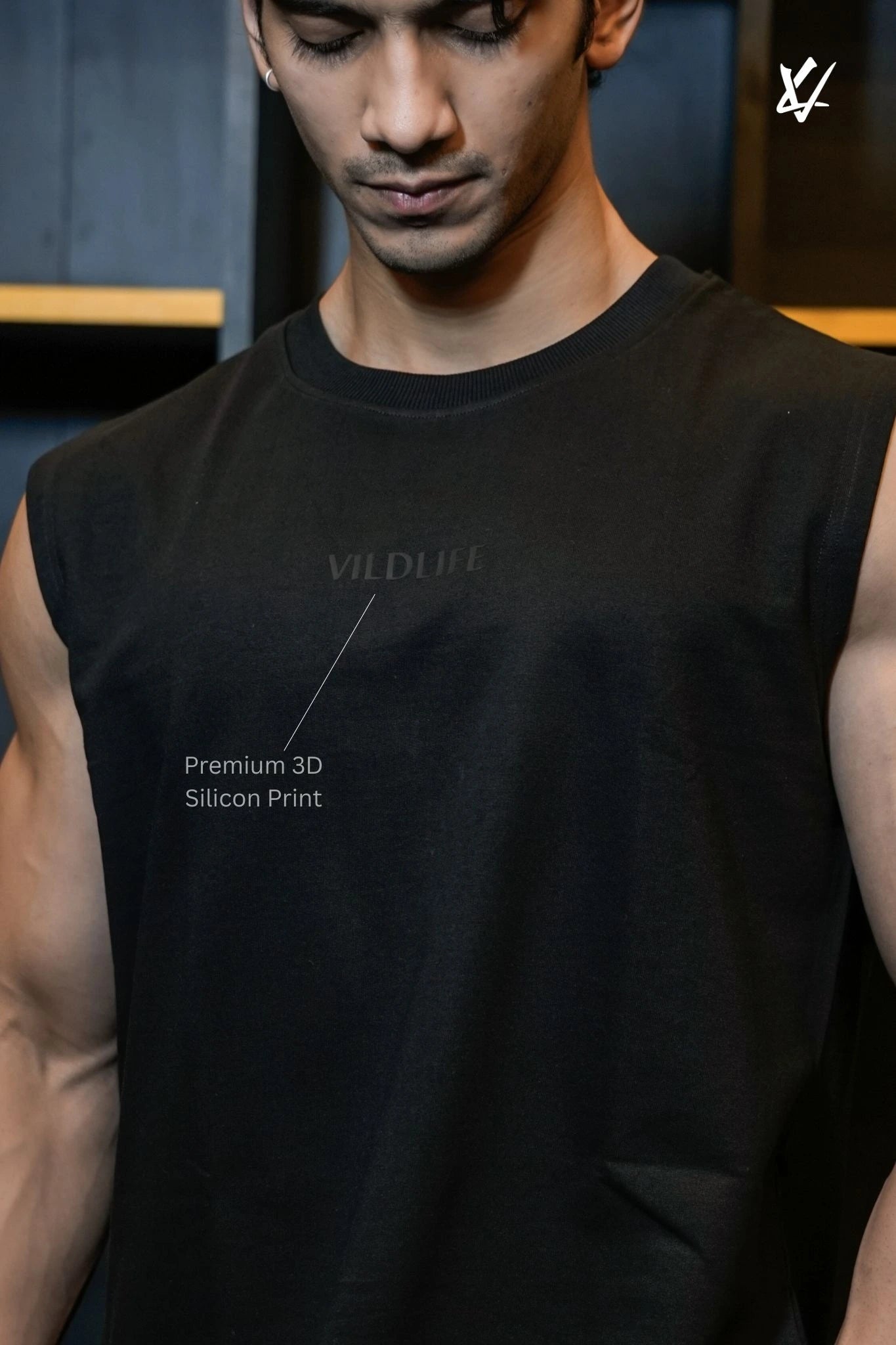 “VILDLIFE Shadow Core black vest for men – plain black gym tank with minimal silicon logo and back monogram.”